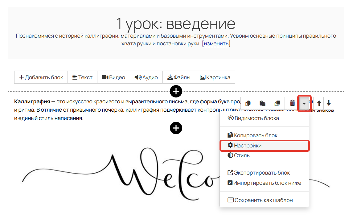 <p>Настройки блока в уроке</p>		 
		
		<p>Настройки блока в уроке</p>