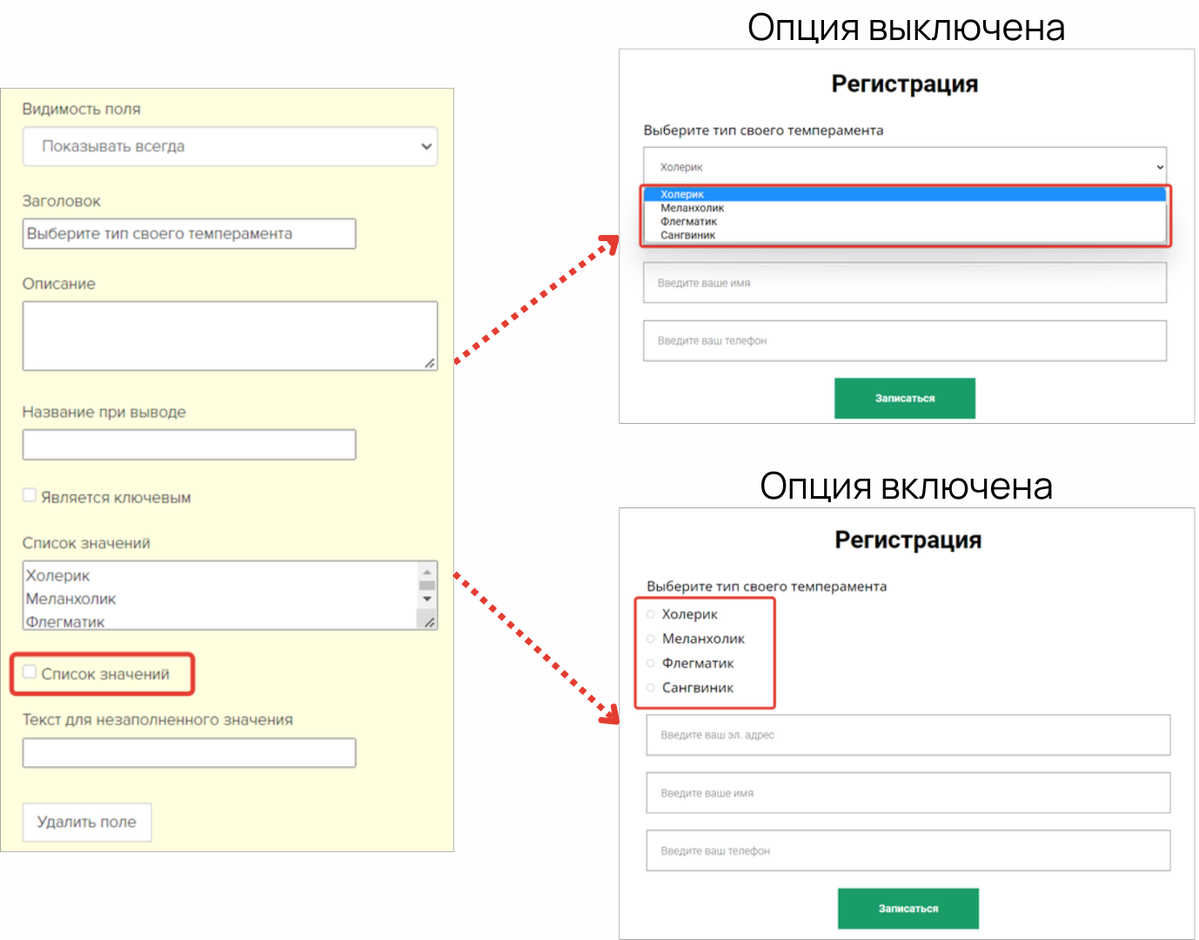 <p>
Опция «Список значений» </p> <p>
Опция «Список значений» </p>