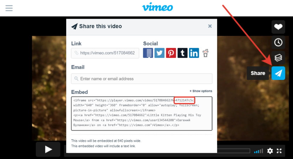 Как скопировать hash-атрибут для видео из Vimeo