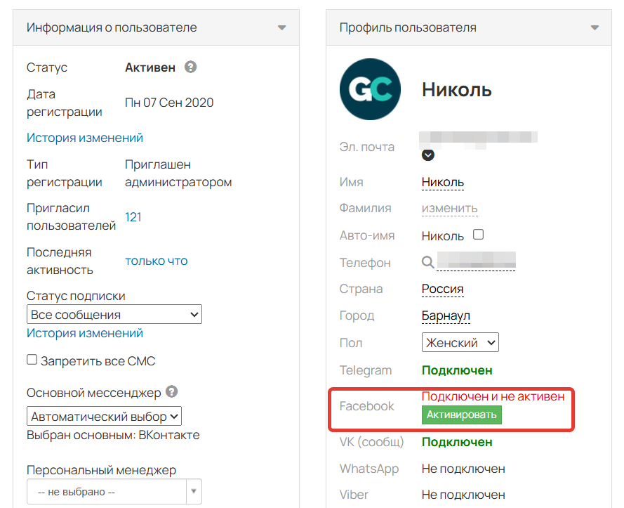 <p>FB, подключенный к профилю</p>