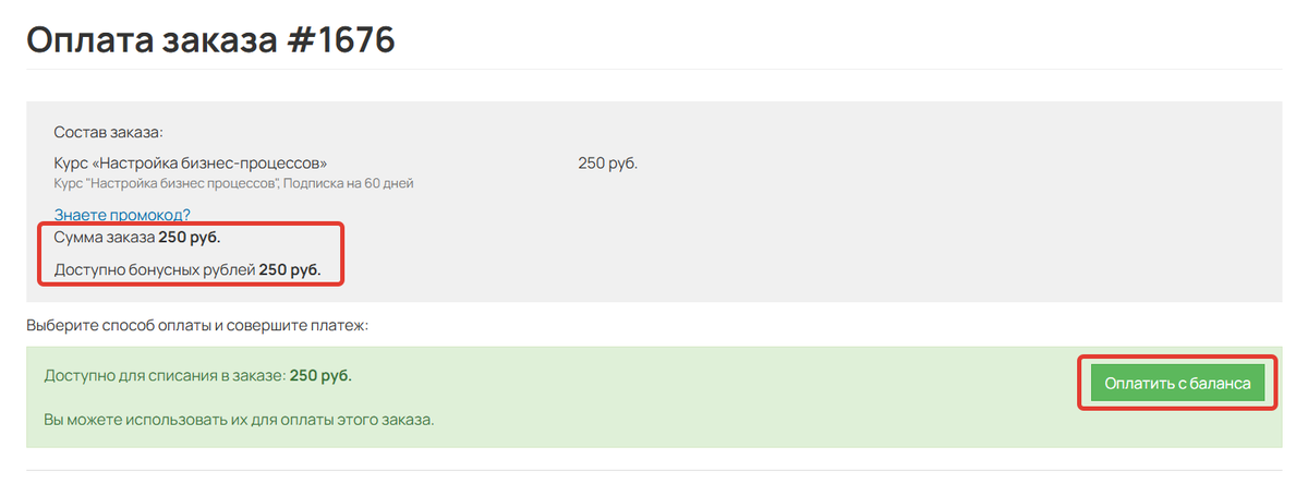 Оплата заказа бонусными рублями