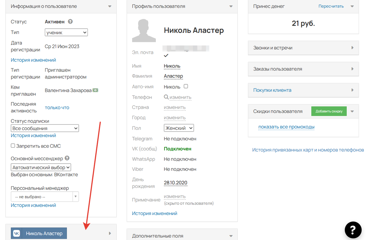 Привязанный ВК-профиль