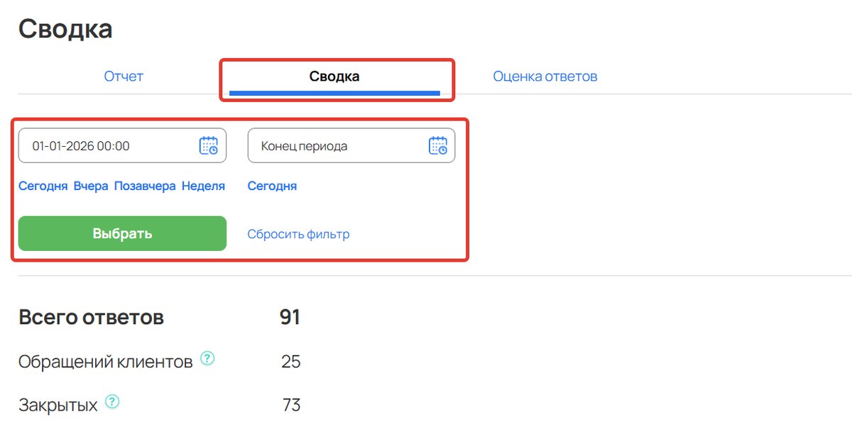 Фильтры в разделе Сводка