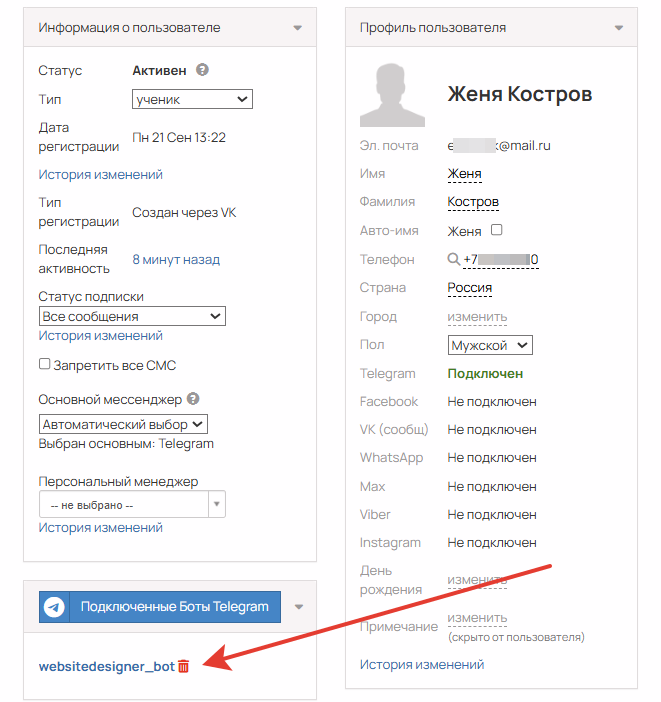 Кнопка удаления бота в карточке пользователя