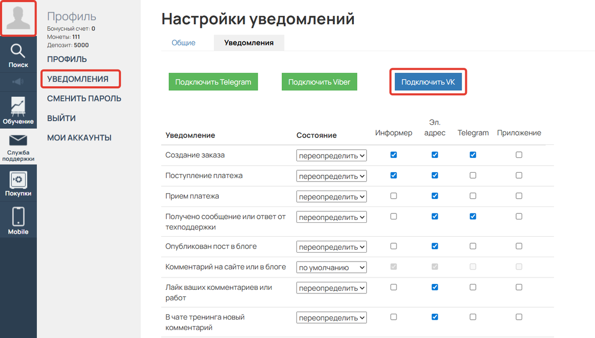 Подключение ВК в личном кабинете