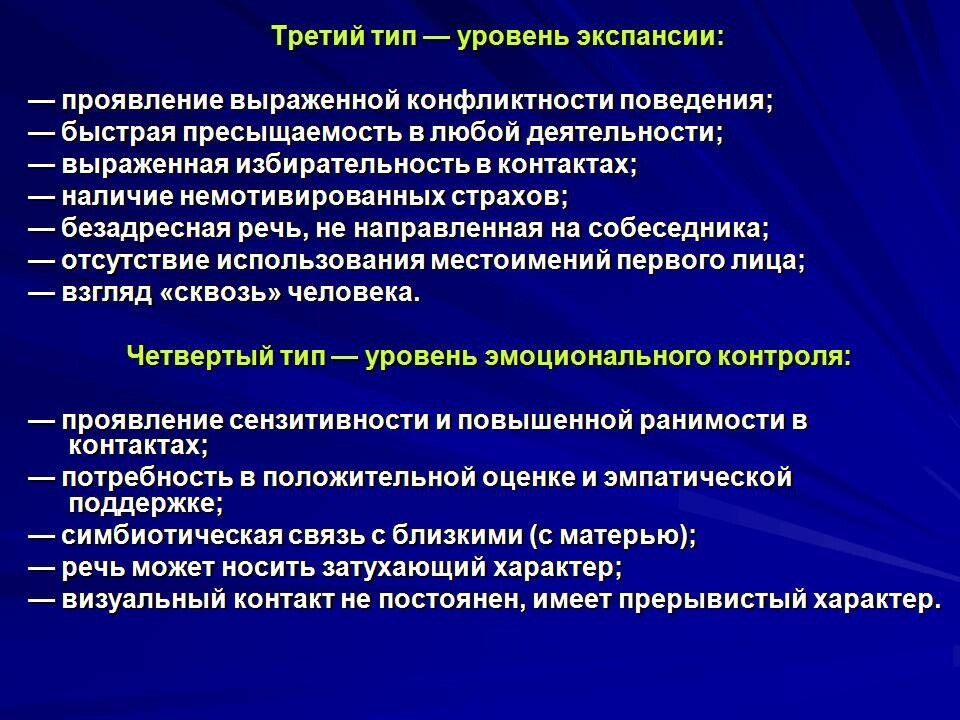 Типы уровней. Психодиагностика уровень конфликтности. Уровень экспансии. Уровень аффективной экспансии. Типы аутистического дизонтогенеза.