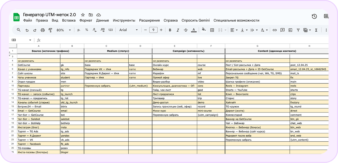 Метки из раздела «Справочник» в генераторе UTM-меток