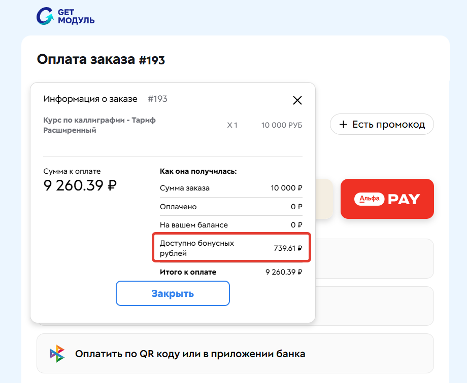 <p>Учет бонусных рублей при оплате заказа</p>
