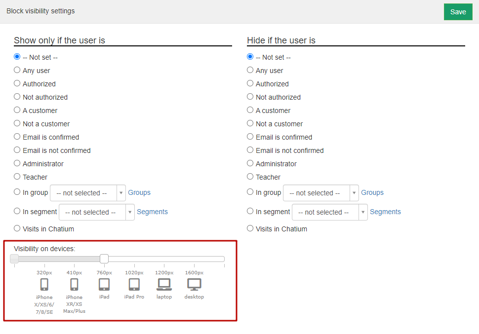 
		<p>		<br>Let's indicate in the settings that the block is available only from devices with a resolution of up to 760px, for example, an iPhone. If the user enters the page using a device where the screen resolution is greater than the specified one, for example, a laptop or personal computer, the block will not be displayed to him.	<br><br></p>	