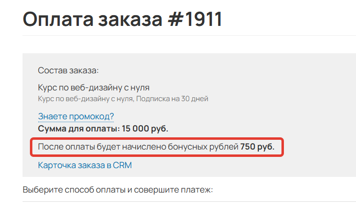 
		<p>Бонусные рубли будут начислены после оплаты</p>	