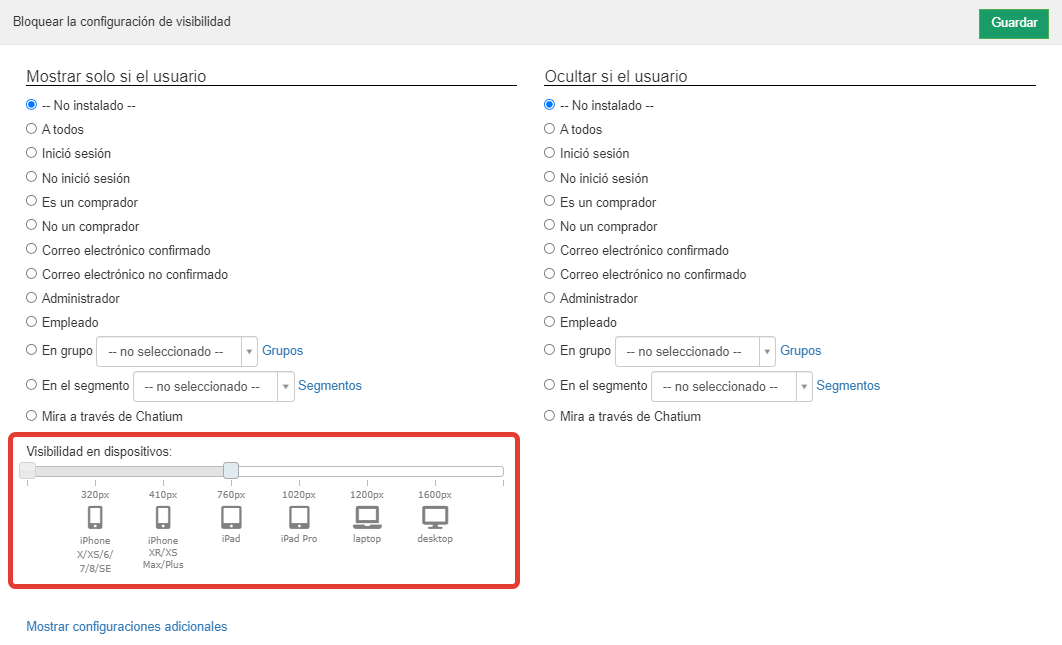 
		
		
		<p>		<br>Indiquemos en la configuración que el bloque está disponible solo desde dispositivos con una resolución de hasta 760px, por ejemplo, iPhone. Si un usuario visita la página utilizando un dispositivo donde la resolución de pantalla es mayor que la especificada, por ejemplo, un portátil o una computadora personal, no se le mostrará el bloque.	<br><br></p>			