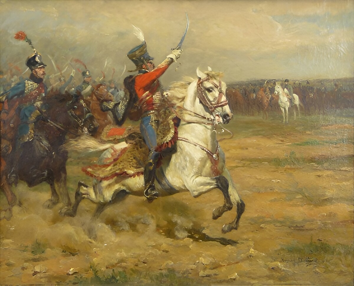 Атака гусар Кульнева у Клястиц 20 июля 1812 года,  Николай Самокиш, 1900–1910 гг., Музей-панорама «Бородинская битва». Москва